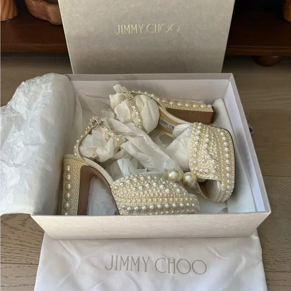 JIMMY CHOO White Satin Pearl Bridal SACARIA 120 Platform Heels 39/8, In Box, A++ - Picture 3 of 16